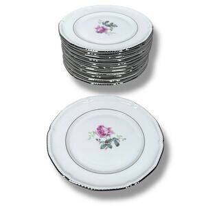 Royal Bayreuth Bread Plates 6.5" Pink Rose Platinum Rim Roped Edge‎ Lot of 12